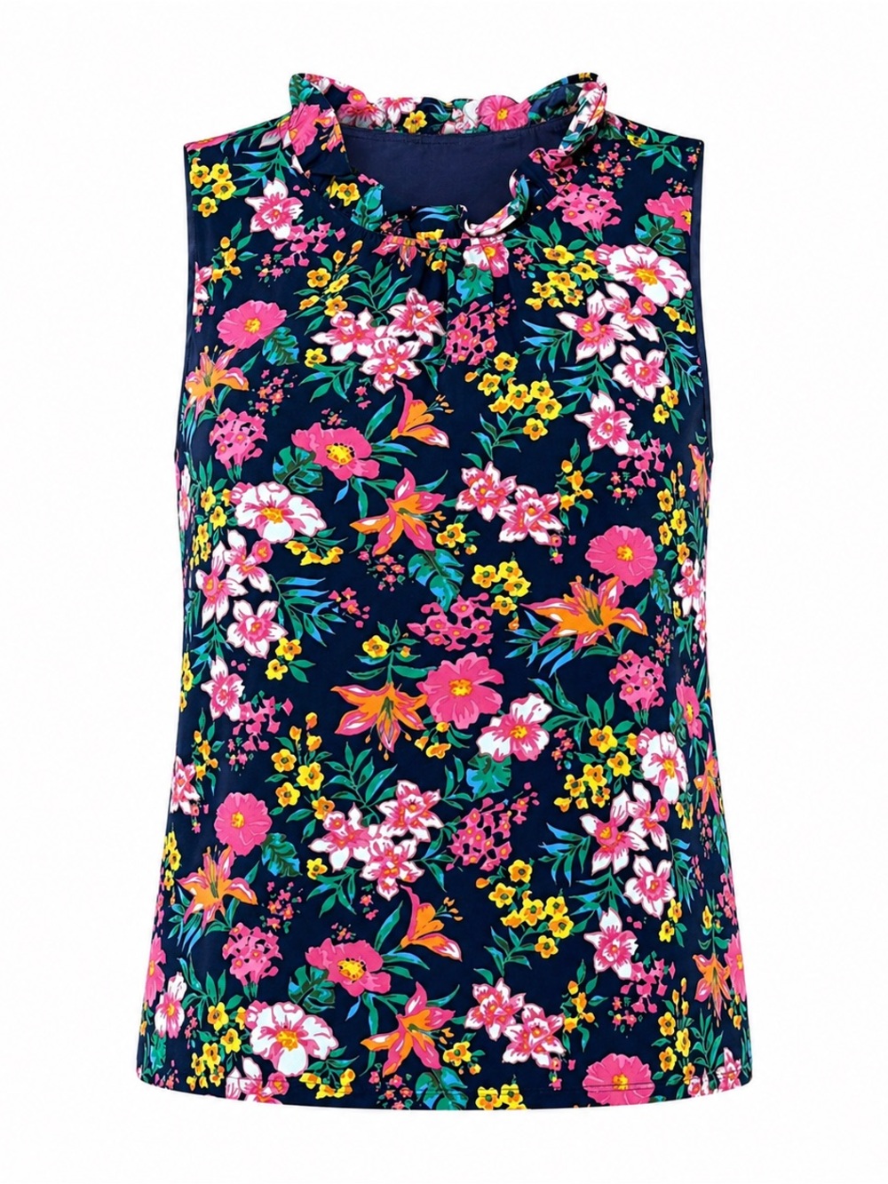 J.Crew Floral Sleeveless Blouse Women Medium Navy Pink Ruffle Neck Top Spring